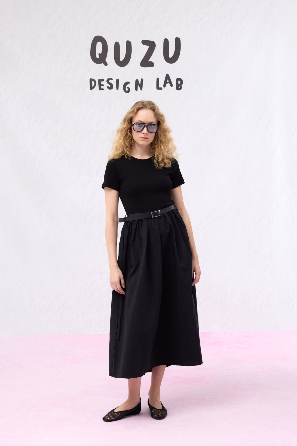 Beli Kemerli Basic Midi Elbise Siyah