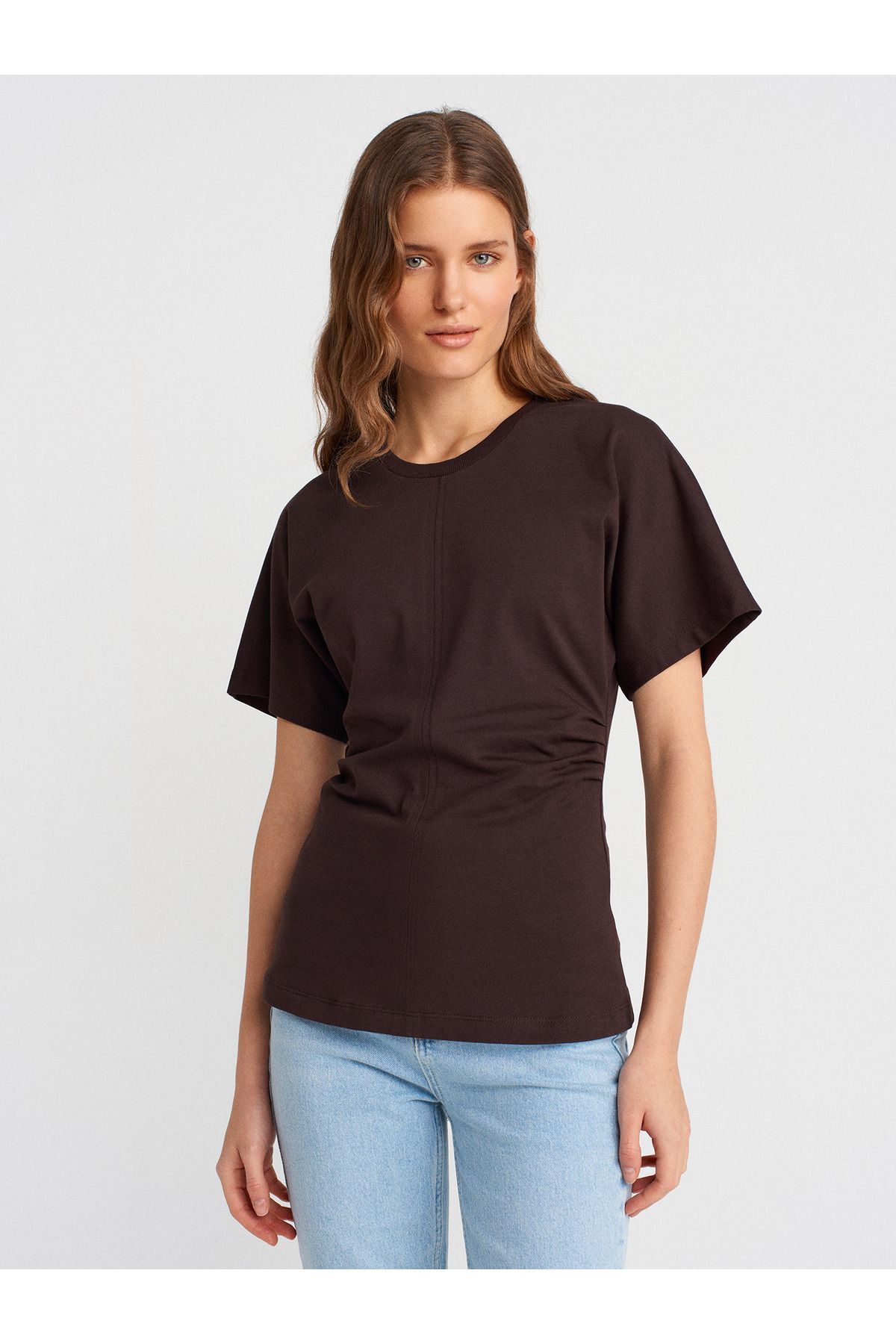 31585 Drape Detaylı T-shirt-Koyu Kahve