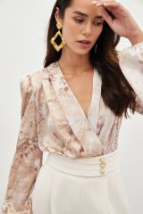 Çiçek Desenli Bodysuit Bluz - CAMEL