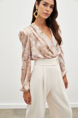 Çiçek Desenli Bodysuit Bluz - CAMEL
