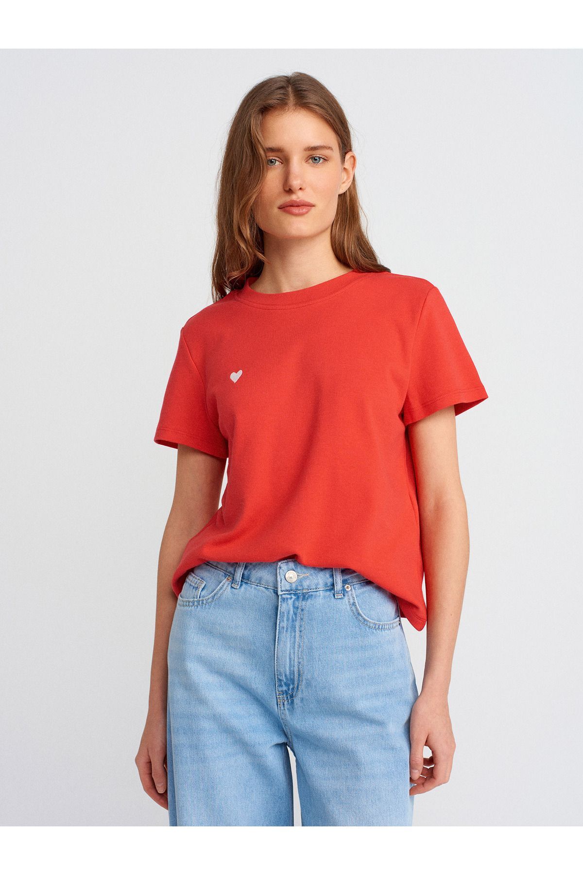 30584 Bisiklet Yaka Pamuklu T-shirt-Kırmızı