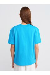 30312 Dekoratif Dikişli Bisiklet Yaka Tshirt-Turkuaz