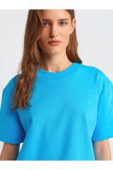 30312 Dekoratif Dikişli Bisiklet Yaka Tshirt-Turkuaz