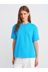 30312 Dekoratif Dikişli Bisiklet Yaka Tshirt-Turkuaz