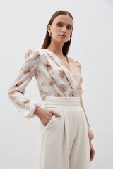 Çift Desenli Kruvaze Bodysuit Bluz - VİZON