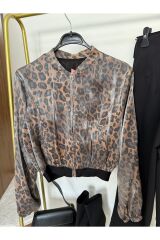 Lastik Detaylı Leopar Desenli Fermuarlı Bomber Ceket