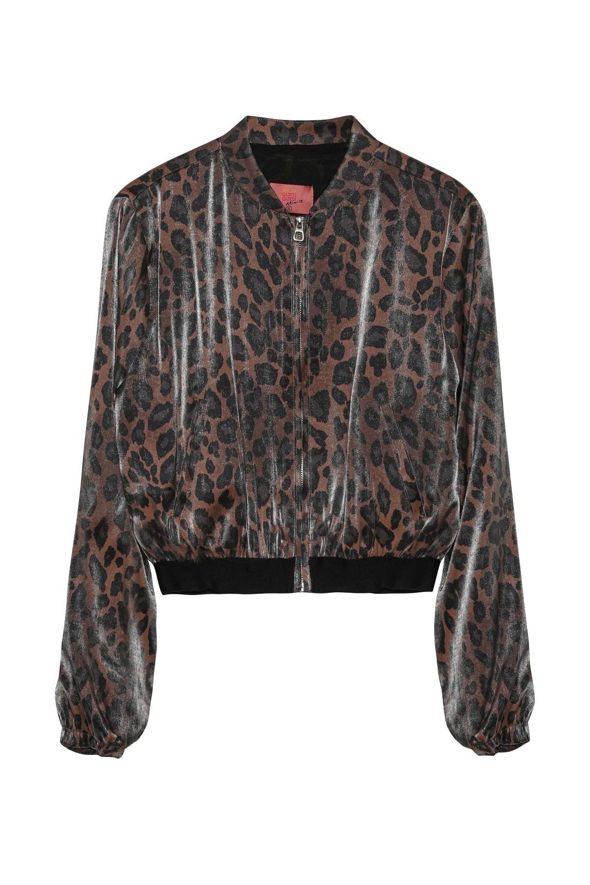 Lastik Detaylı Leopar Desenli Fermuarlı Bomber Ceket