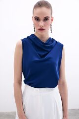 Degaje Yaka Kolsuz Bluz - LACİVERT