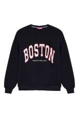 Kolu Fermuarlı Boston Yazılı Sweatshirt Lacivert