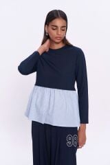 Match Detaylı Uzun Kol Çizgili Sweatshirt Lacivert