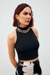 Zincir Aksesuarlı Crop Bluz - Siyah