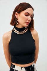Zincir Aksesuarlı Crop Bluz - Siyah