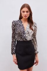 Kruvaze Desenli Bodysuit - Bej-siyah