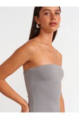 91176 Straplez Midi Elbise-Gri