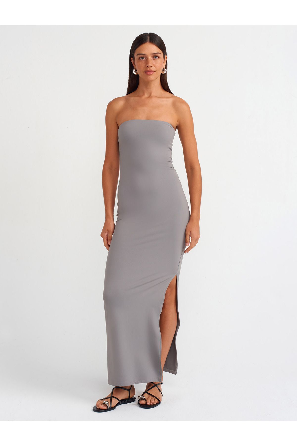 91176 Straplez Midi Elbise-Gri