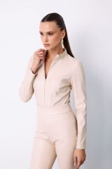 Fermuarlı Deri Bodysuit - Taş