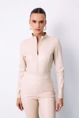 Fermuarlı Deri Bodysuit - Taş