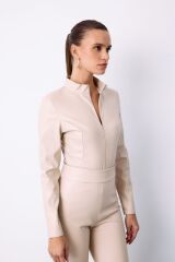 Fermuarlı Deri Bodysuit - Taş