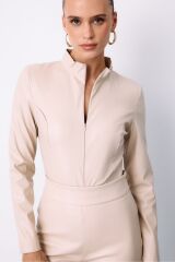 Fermuarlı Deri Bodysuit - Taş