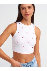 20819 Kalp Nakışlı Crop Top-Beyaz