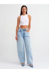 20819 Kalp Nakışlı Crop Top-Beyaz