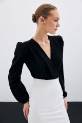 Kruvaze Vatkalı Bodysuit - Siyah