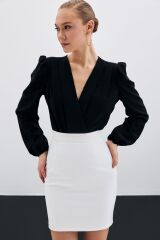 Kruvaze Vatkalı Bodysuit - Siyah