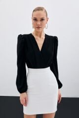 Kruvaze Vatkalı Bodysuit - Siyah