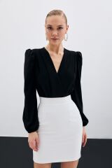 Kruvaze Vatkalı Bodysuit - Siyah