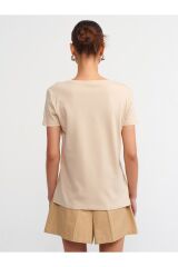 3470 V Yaka Basic T-shirt-açık Bej