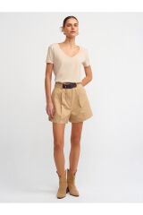 3470 V Yaka Basic T-shirt-açık Bej
