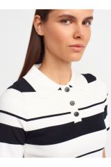 10532 Polo Yaka Çizgili Düğmeli Triko Top-ekru-siyah