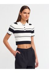 10532 Polo Yaka Çizgili Düğmeli Triko Top-ekru-siyah