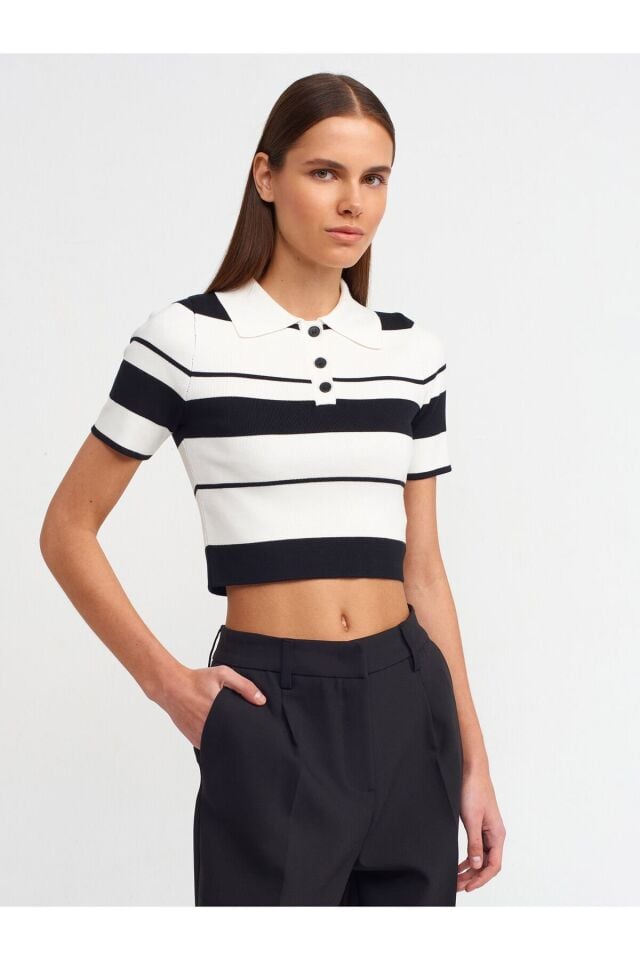 Polo Yaka Çizgili Düğmeli Triko Top