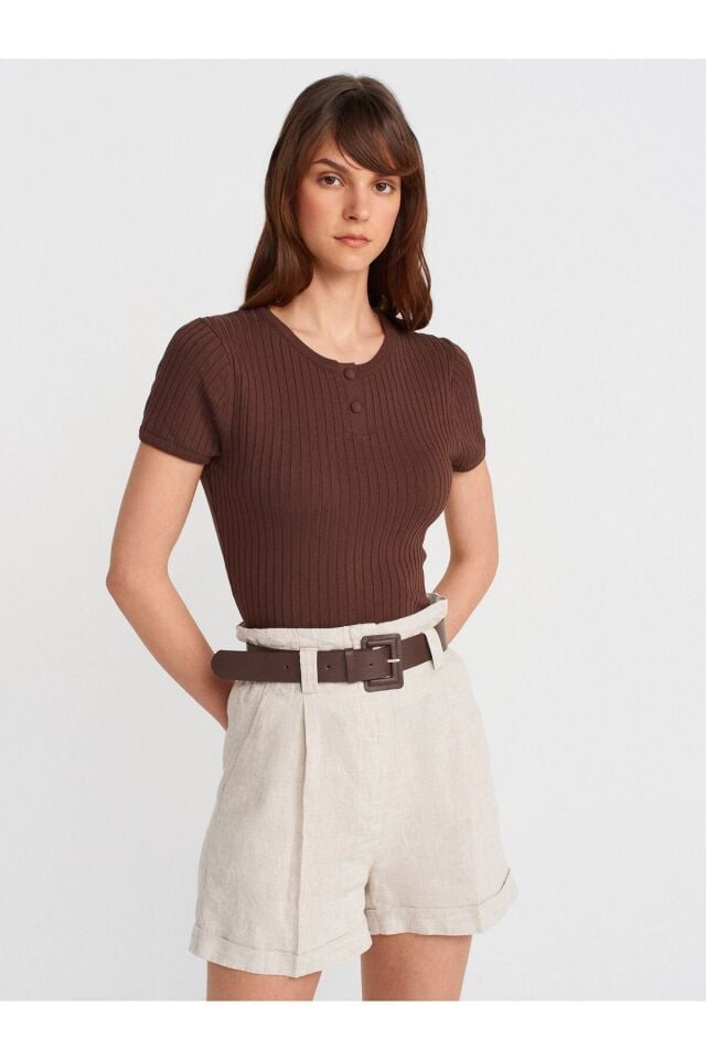 Bisiklet Yaka Düğmeli Triko Bluz