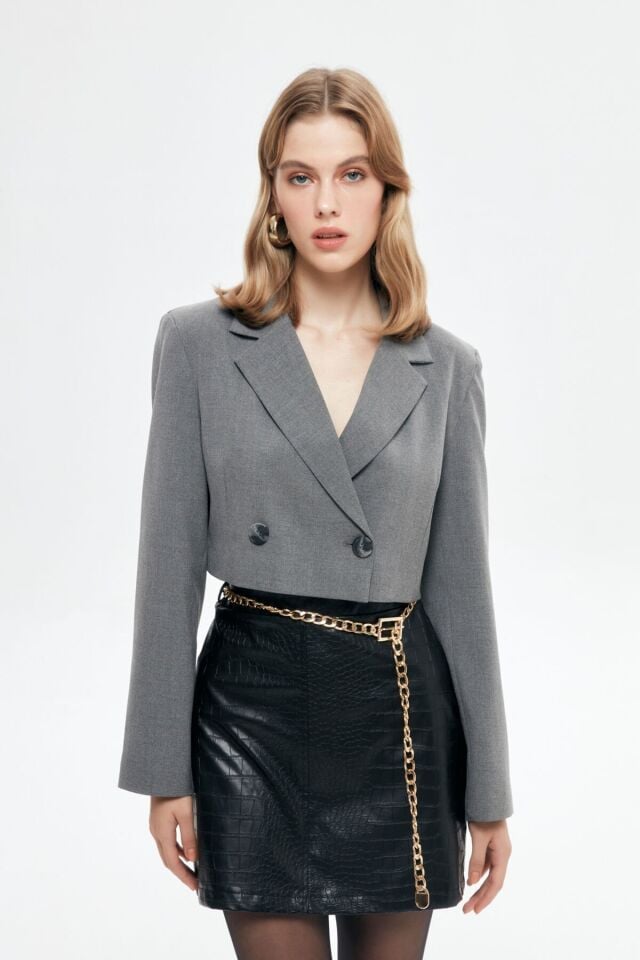 Vatka Detaylı Crop Blazer Ceket-Gri