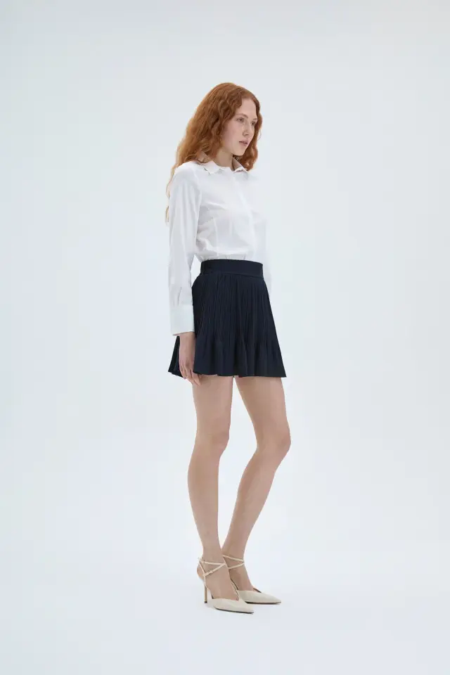 Pile Detaylı Beli Lastikli Mini Etek