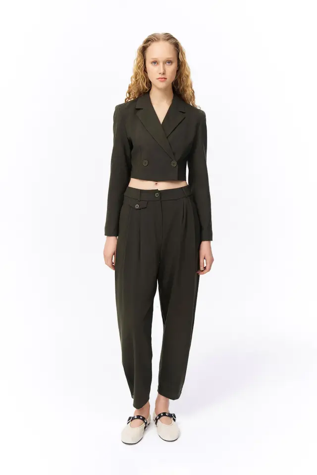 Vatka Detaylı Crop Blazer Ceket-Haki
