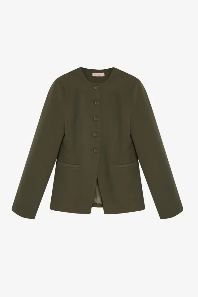 Yuvarlak Yaka Düğmeli Blazer Ceket - Haki