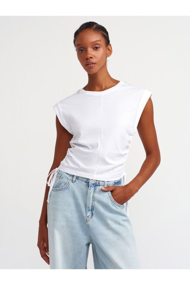 Yanları Büzgü Detaylı Taşlı T-Shirt