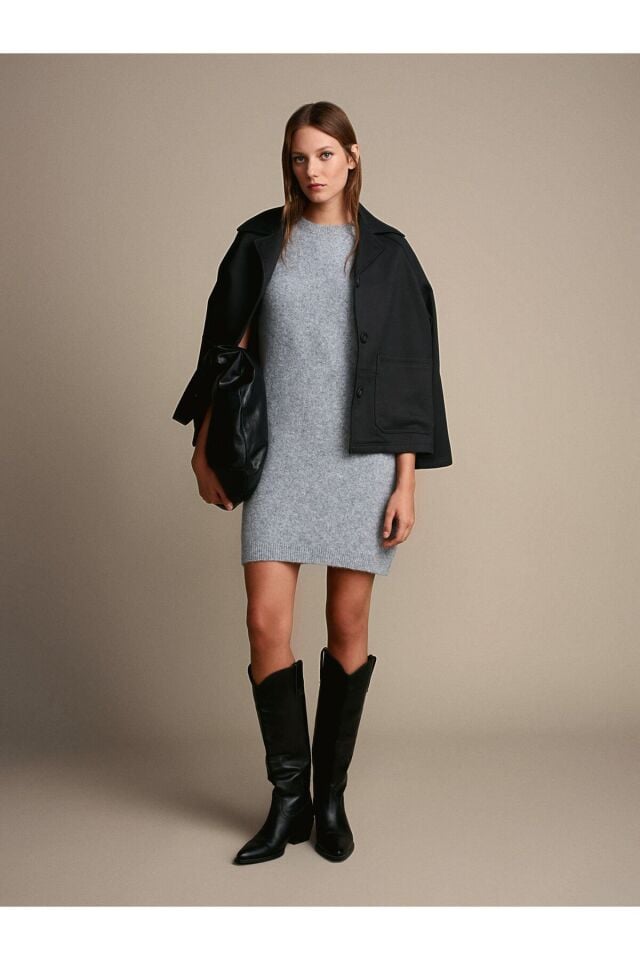 Bisiklet Yaka Yün Karışımlı Triko Elbise