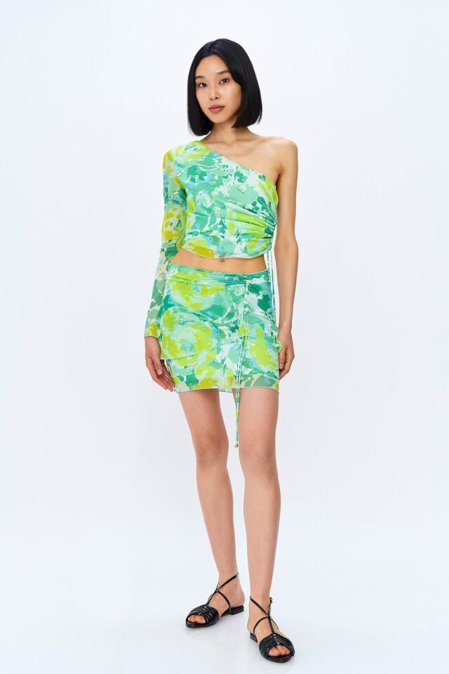 Büzgü Detaylı Desenli Mini Tül Etek