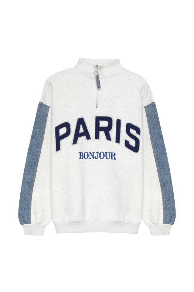 Paris Yazı Baskılı Fermuarlı Sweatshirt