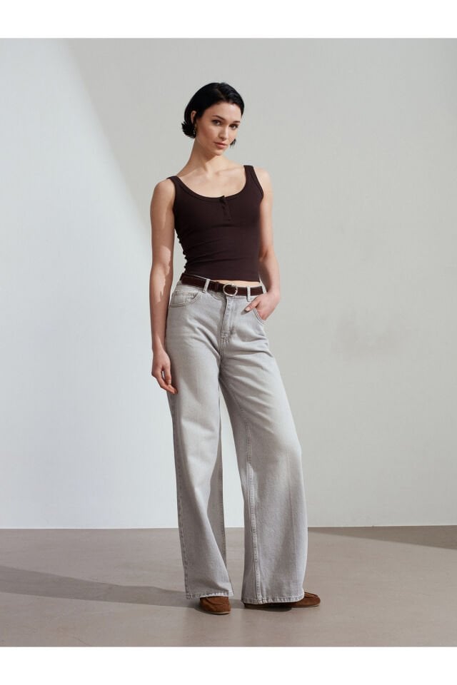 %100 Pamuk Kemerli Wide Leg Jean