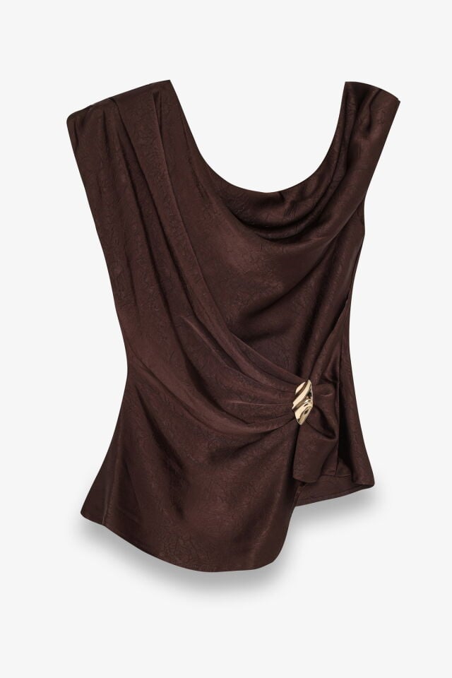 Asimetrik Drapeli Aksesuarlı Saten Bluz