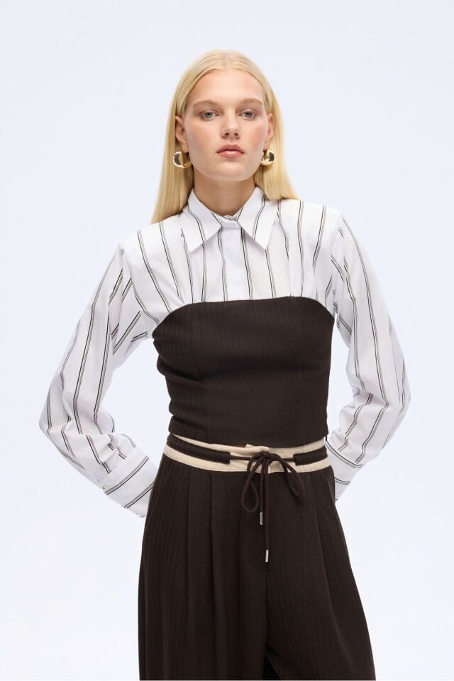 Çizgili Gömlek Garnili Büstiyer Bluz