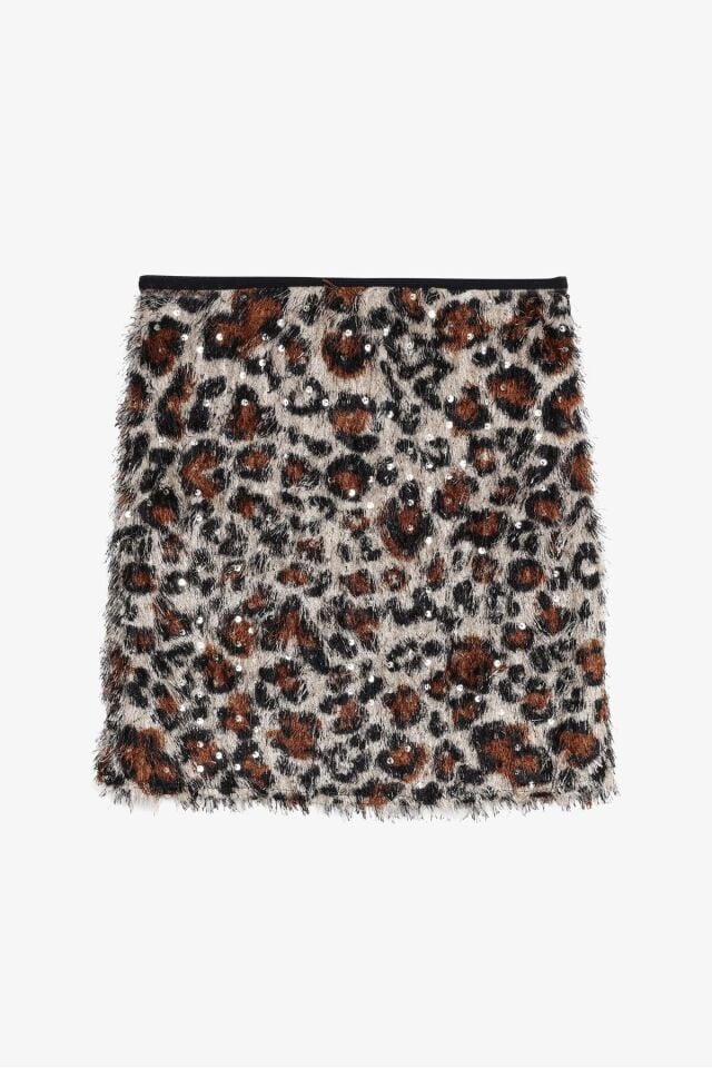 Payetli Leopar Desenli Mini Etek
