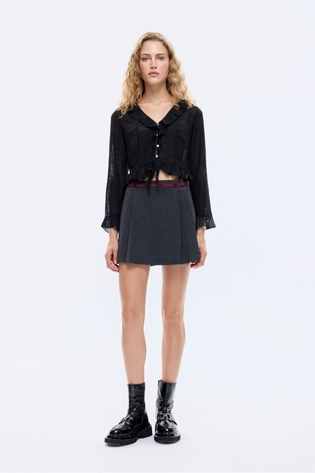 Şerit Bel Detaylı Pileli Mini Şort Etek