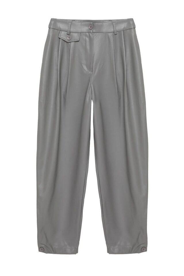 Pile Detaylı Deri Pantolon