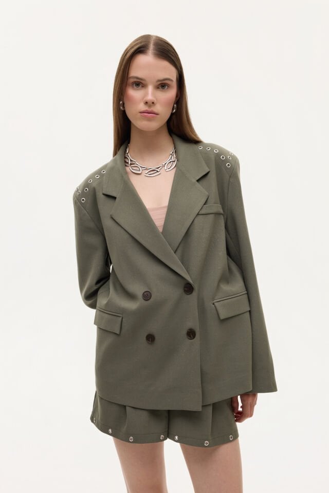 Kuş Gözü Detaylı Çift Düğmeli Oversize Blazer Ceket